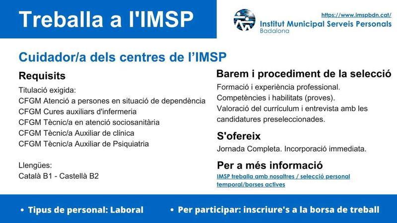 L'IMSP obre una borsa de treball de la categoria de Cuidador/a de centre
