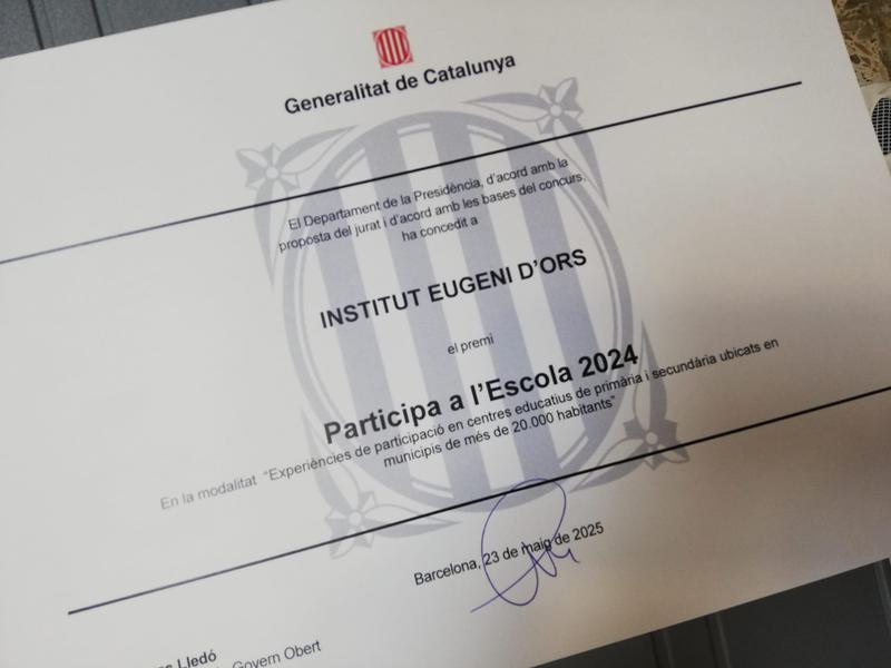 L'IES Eugeni d'Ors rep el premi 'Participa a l'escola' de la Generalitat per la seva campanya de donació de sang 