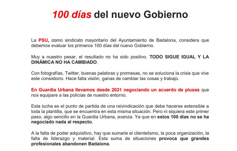 La PSU fa un balanç negatiu dels 100 dies del nou govern
