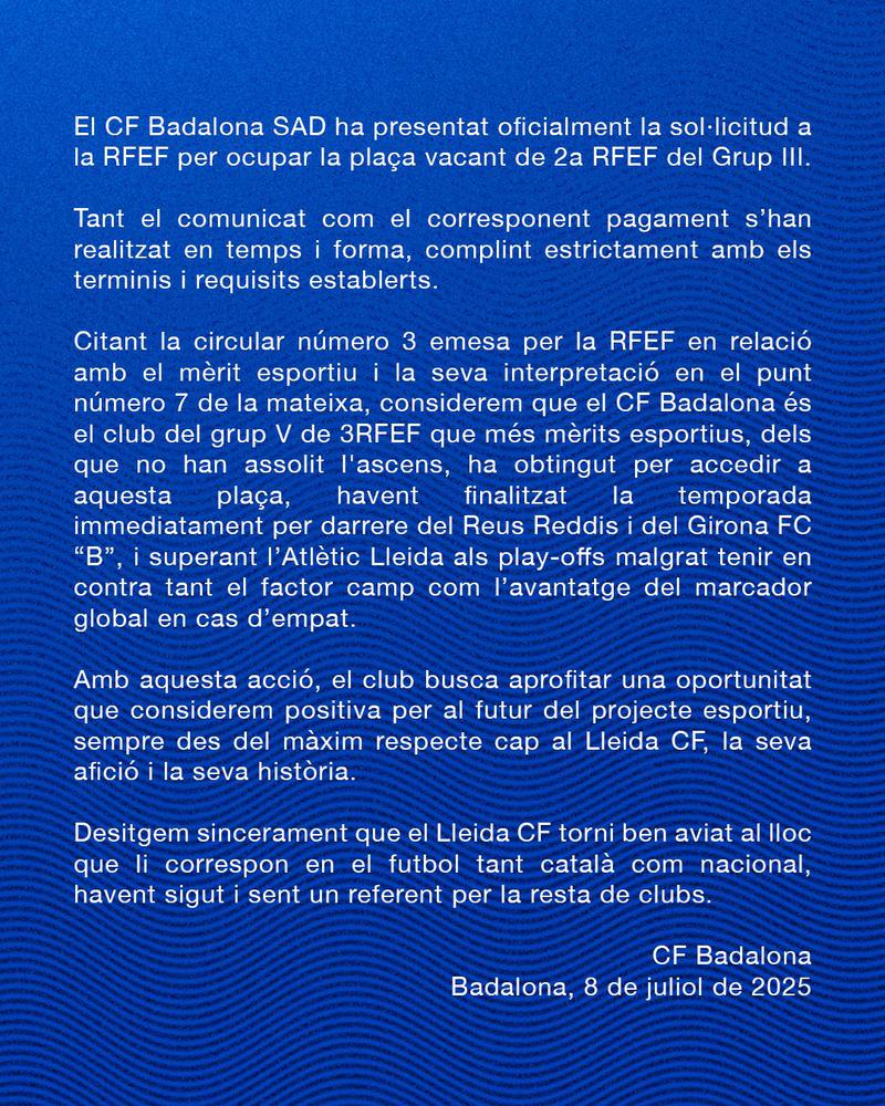 El CF Badalona es proposa per ocupar la plaça del Lleida FC a 2a RFEF