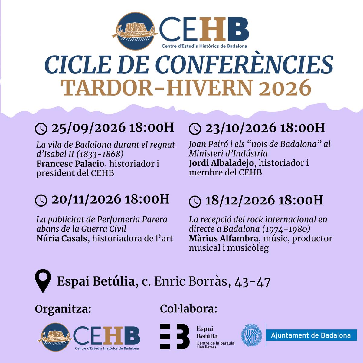 <p>Isabel II, Joan Peiró, la publicitat i el rock protagonistes del nou cicle de conferències del CEHB</p>